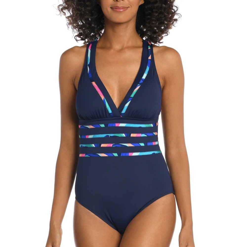 La Blanca Navy One-Piece Swimsuit with Multicolor Trim